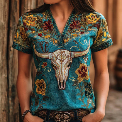 Western Bull Skull & Flowers Embroidered Vintage T Shirt