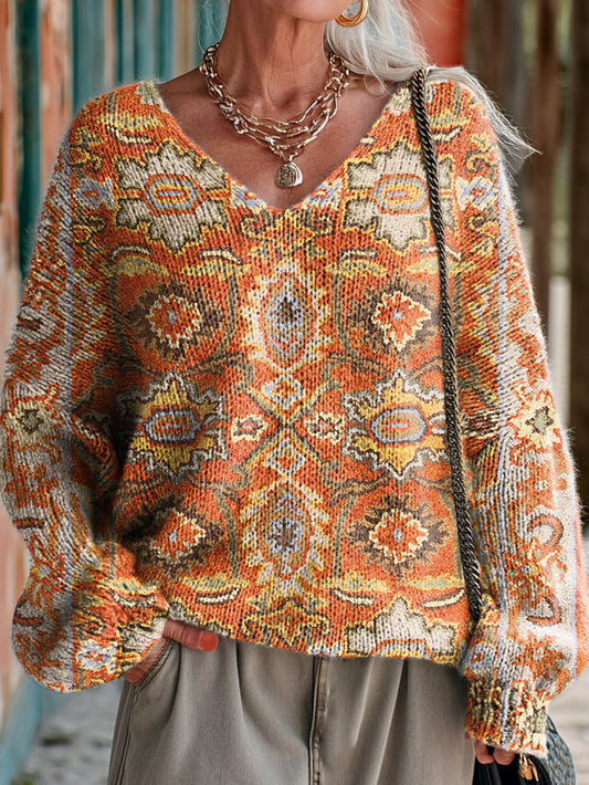 Ladies Vintage Ethnic Orange Floral Totem Art Prints Casual V-neck Knitwear