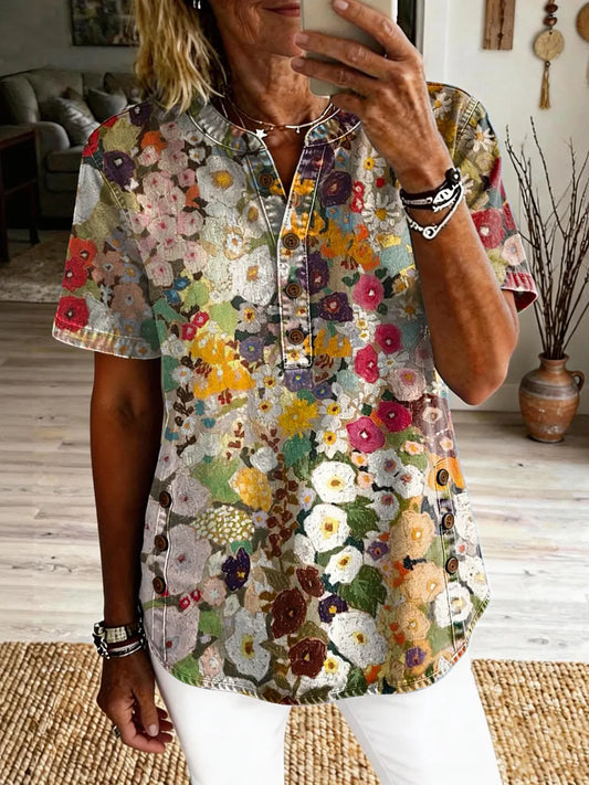 Women's Floral Vintage Art Print Casual Short-Sleeve Washed Shirt