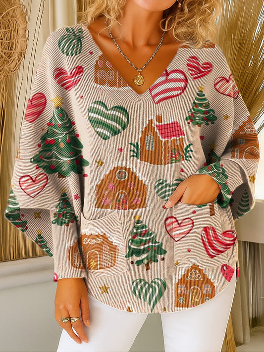 Retro Cute Christmas Pattern Art Print V-neck Pocket Knit Sweater