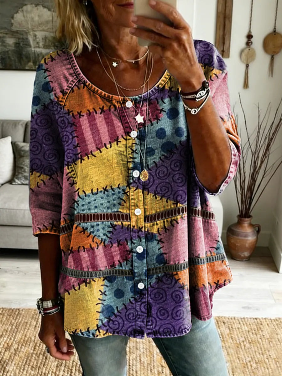 Ethnicity Patchwork Colorful Flowers Women's Art Print Casual Long-sleeve V-neck Washed Top