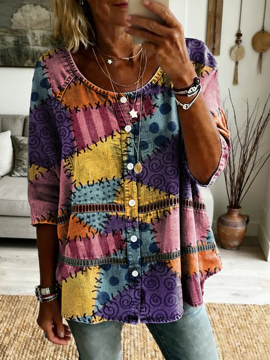 Ethnicity Patchwork Colorful Flowers Women's Art Print Casual Long-sleeve V-neck Washed Top
