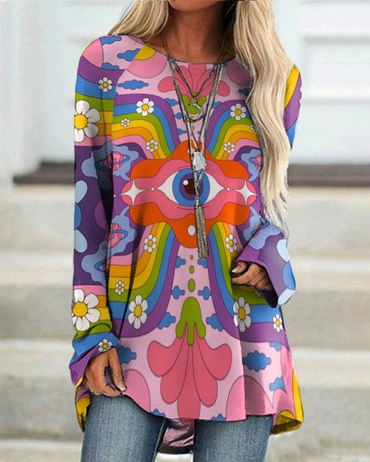 Hippie Crew Neck Colorful Print Long Sleeves Tunic