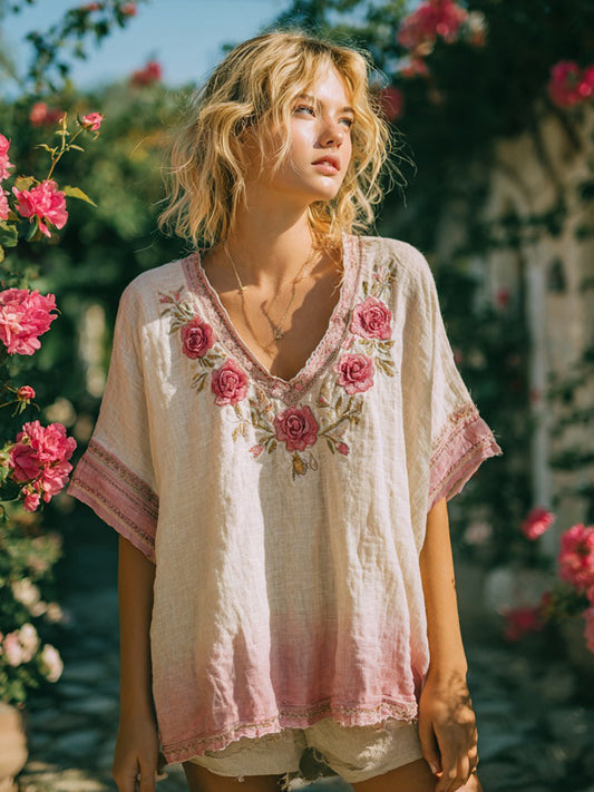 Vintage Floral Embroidery Art Short Sleeve Linen Blend T-shirt