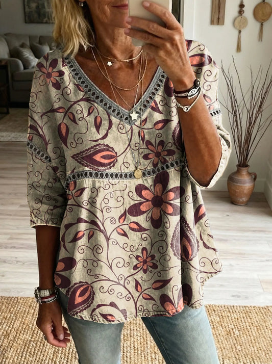 Women's Floral Pattern Art Print Casual V-neck Lace-up Top