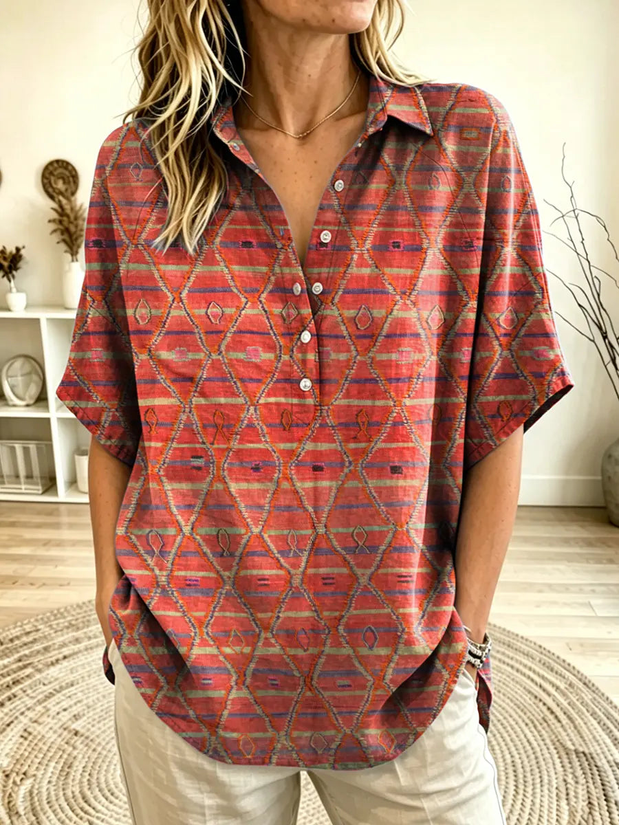 Women's Tribal Diamond Print Collared Short Sleeve Henley Blouse