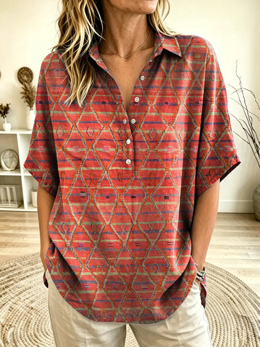 Women's Tribal Diamond Print Collared Short Sleeve Henley Blouse