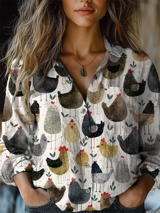 Watercolor Chicken Pattern Printed Women's Casual Long Sleeve Comfortable Cotton Shirt