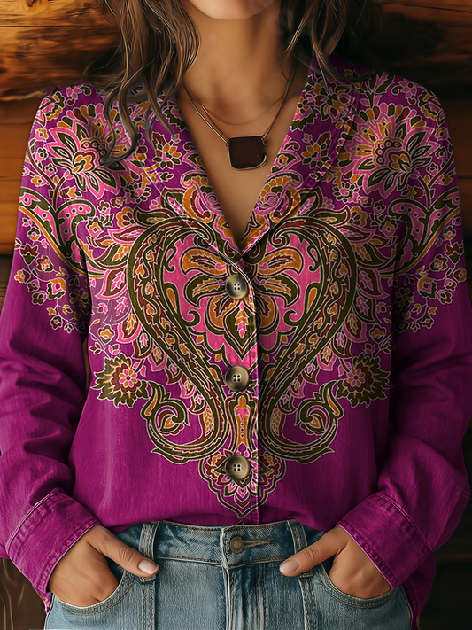 Women's Bohemian Ethnic Totem Tattoo Art Print Lapel Washed Denim Cotton Shirt