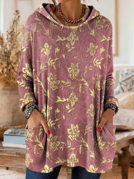 Women's Folk Floral Art Patterns Print Casual Knitted Pocket Hooded Tunic Top