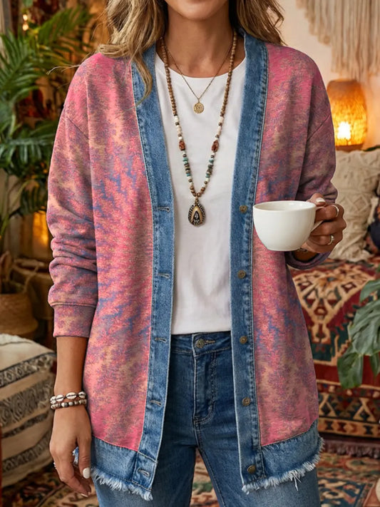 Vintage National Kaleidoscope Women's Art Print Casual Long Sleeve Denim Patchwork Shirt Coat