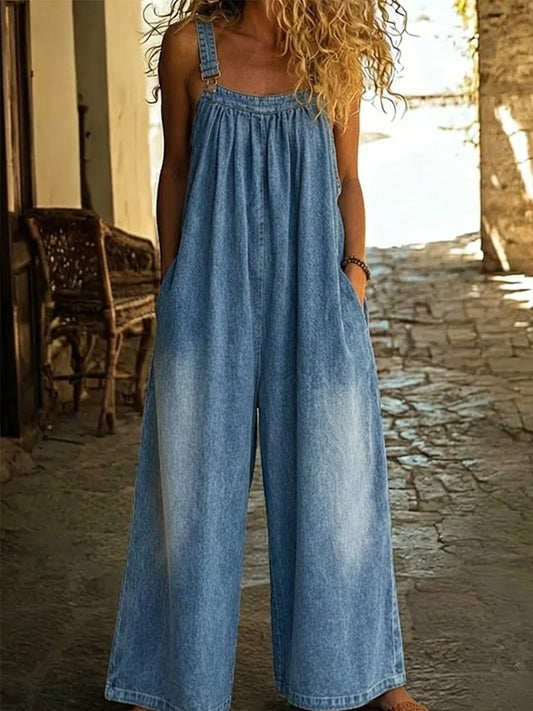 Women's Art Casual Shoulder Strap Washed Jumpsuit