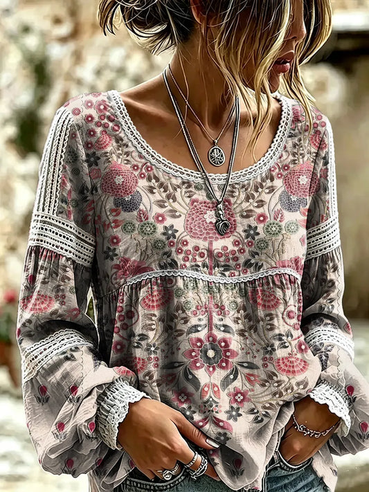Women's Vintage Ethnic Floral Print Lace Blouse