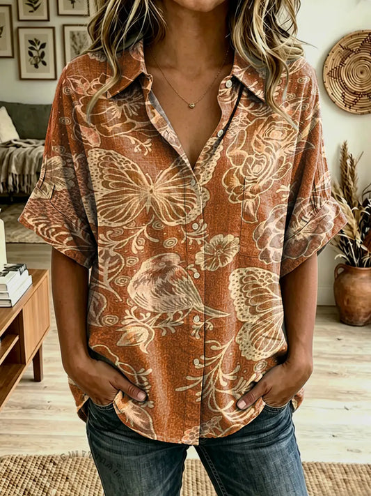 Women's Butterfly Art Print Cotton Pocket Shirt