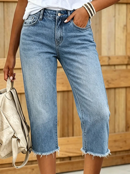 Women's Washed Capri Frayed Hem Denim Cropped Pants