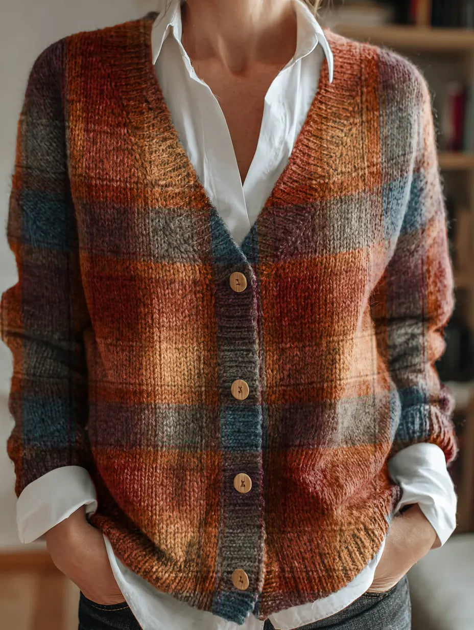 Women's Retro Plaid Art Print V-Neck Button-Up Knit Cardigan