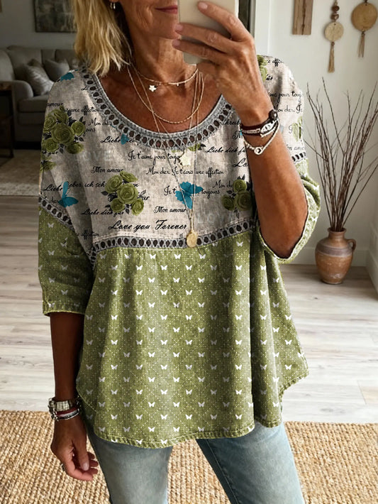 Women's Floral Pattern Art Print Casual Round Neck Lace-up Top