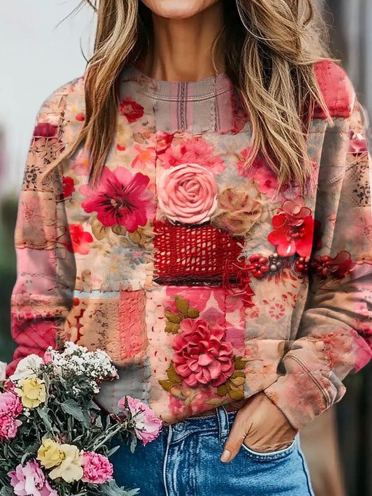 Valentine's Day Vintage Floral Collage Print Casual Crew Neck Sweatshirt