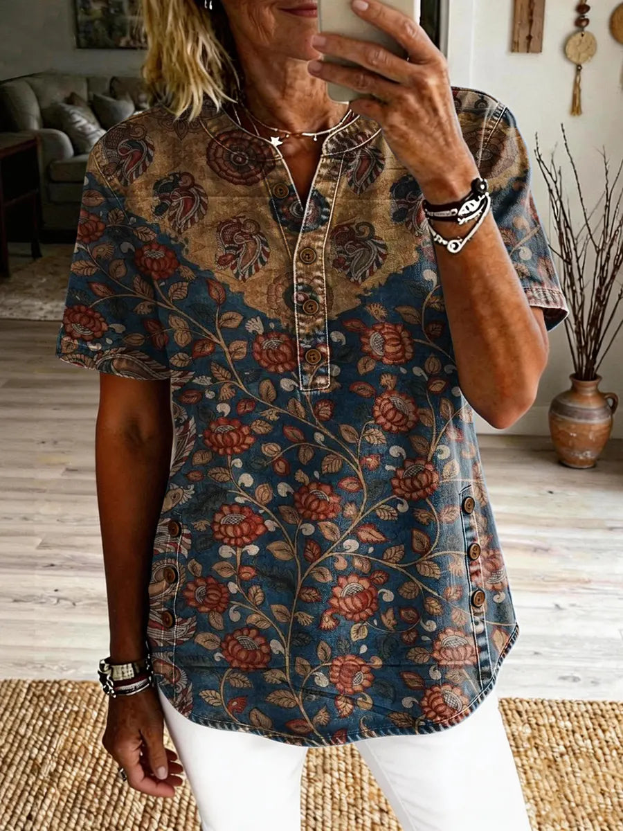 Women's Retro Ethnic Floral Print Button-Down Short-Sleeve Shirt
