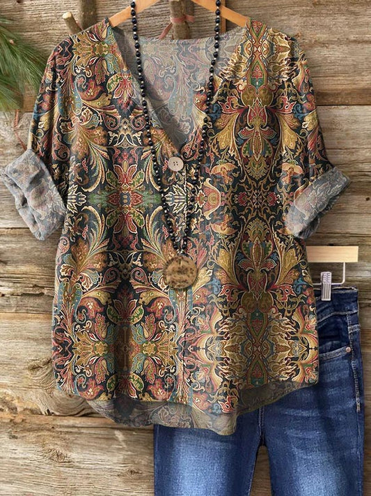 Women's Retro Ethnic Totem Art Print Casual Cotton Linen Shirt