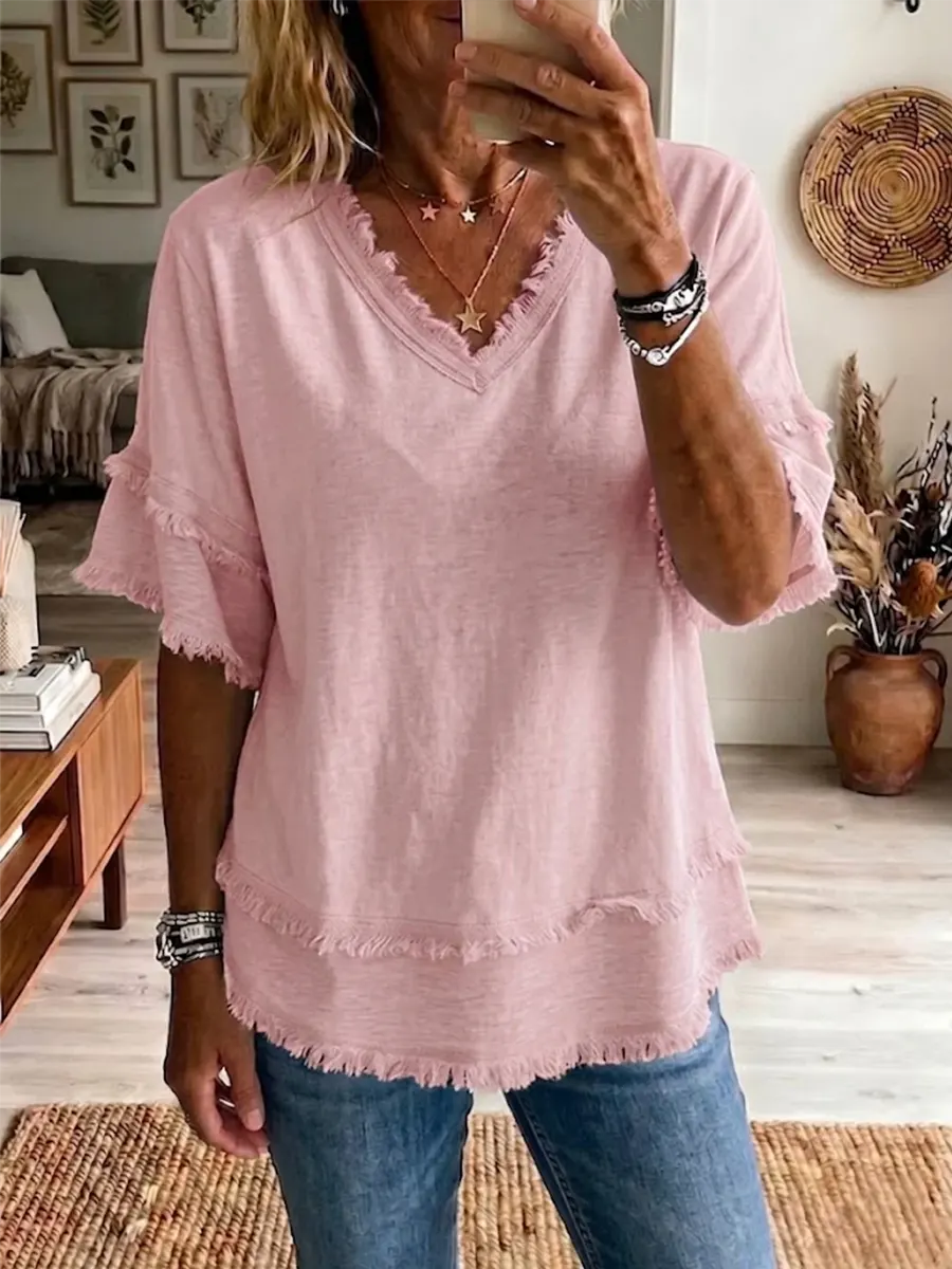 Women's Art Casual V- Collar Mixed Cotton Shirt