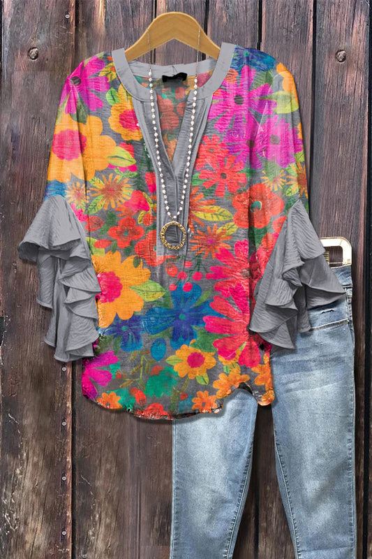 Elegant Boho Floral Print Ruffle Sleeve Top