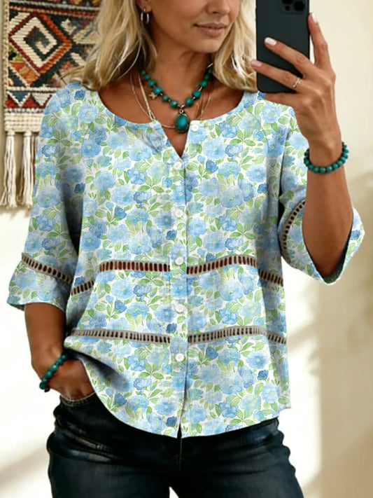 Women's Vintage Floral Art Print Tie-front Button-up Short-sleeve Shirt