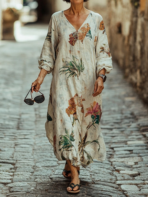 Women's Vintage Floral Art Patterns Print Pocket Cotton Dress
