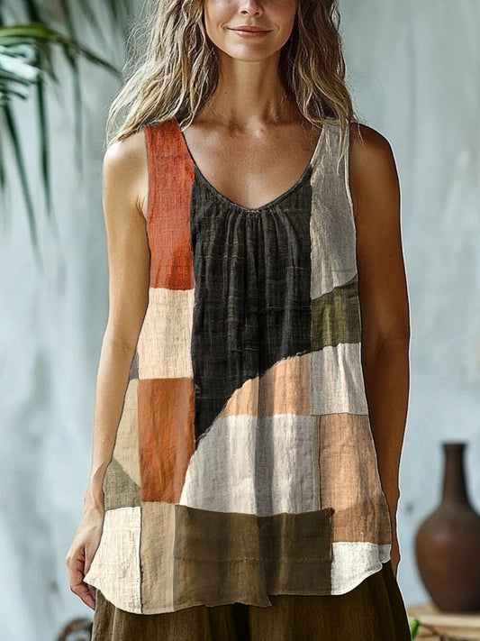 Geometric Pattern Patchwork Linen Blend Tank Top