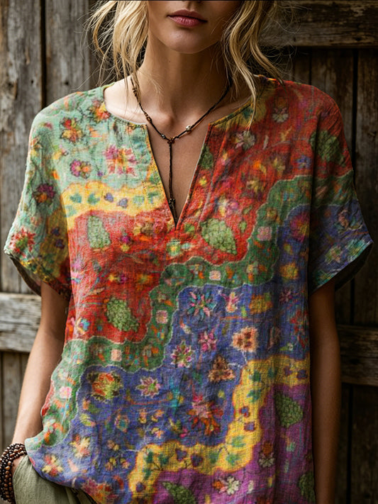 Women's Retro Colorful Ethnic Wave Art Print Casual Short-sleeve V-neck Cotton Linen Shirt
