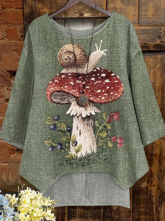 Women's Vintage Mushroom Snail Art Print Comfortable Cotton Shirt