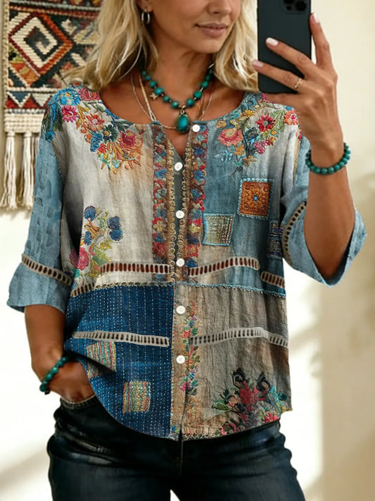 Women's Vintage Floral Art Print Tie-front Button-up Short-sleeve Shirt