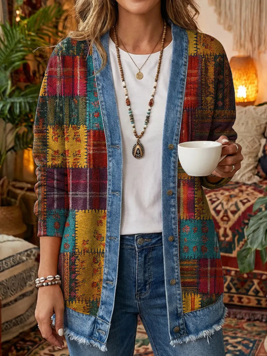 Women's Vintage Geometric Floral Patchwork Art Print Casual Long-sleeve Shirt Jacket