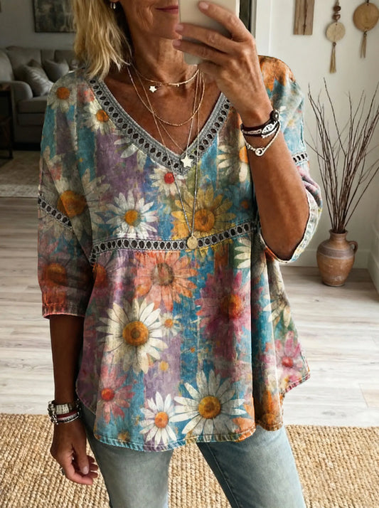 Women's Floral Pattern Art Print Casual V-neck Lace-up Top