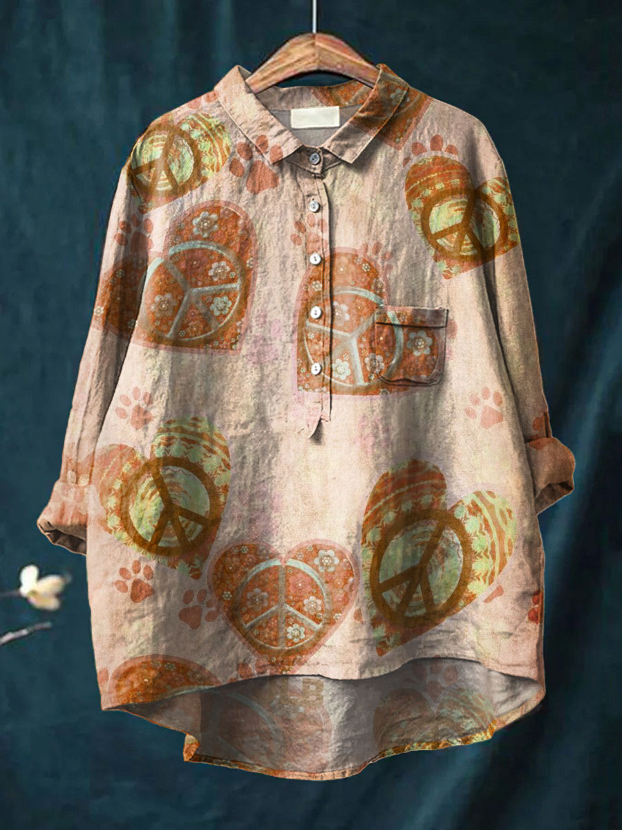 Women's  Peace Hippie Print Casual Cotton And Linen Shirt