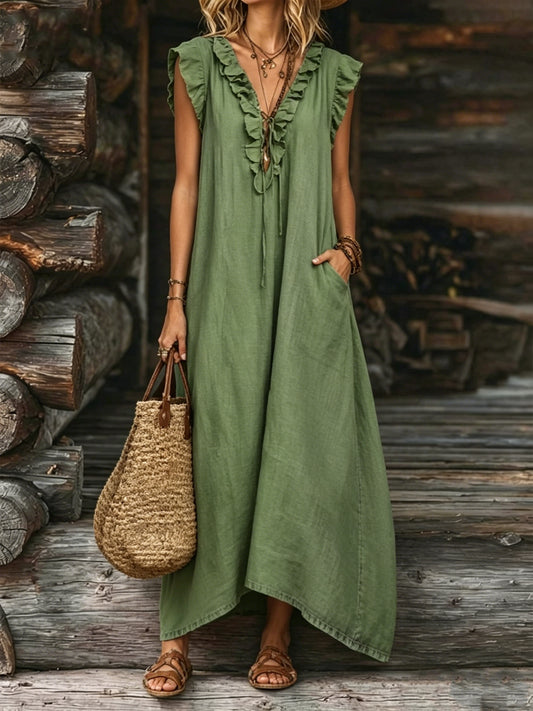 Women's Casual Sleeveless V-neck Lace Cotton And Linen Dress