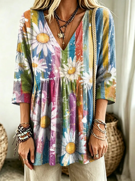 Women's Multicolor Watercolor Daisy Print V-Neck Casual Blouse
