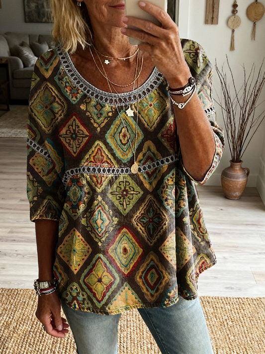 Women's Retro Bohemian Ethnic Plaid Art Print Casual Three-quarter Sleeve Round Neck Hollow-out Top