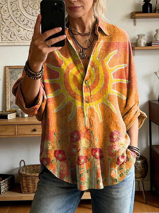 Women's Casual Long-sleeve Shirt With Heart-and-flower Artistic Print
