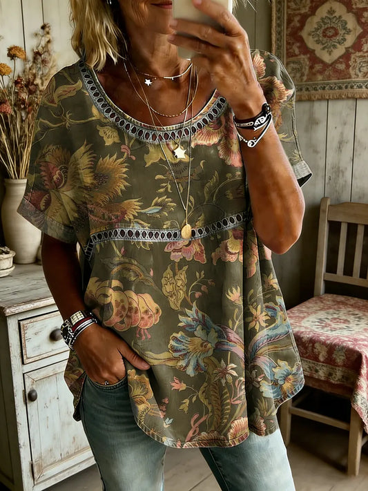 Women's Ethnic Floral Art Print Round Neck Short Sleeve Hollow-Out Shirt