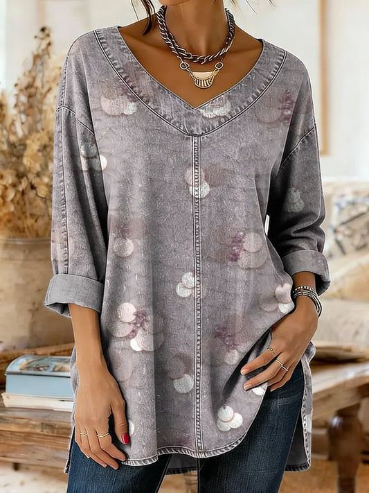 Women's Artistic Print Denim Shirt With Sequined Pattern