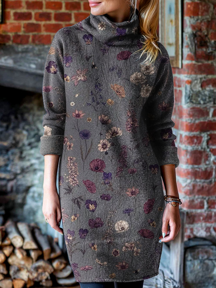 Women's Vintage Dark Gray Floral Art Print Cover-up High-neck Knit Dress