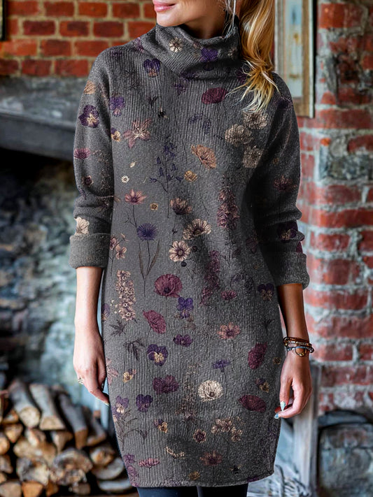 Women's Vintage Dark Gray Floral Art Print Cover-up High-neck Knit Dress