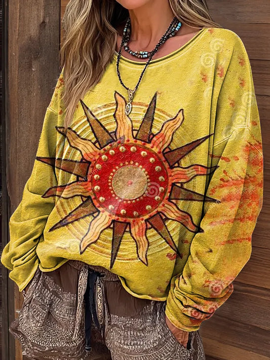 Women's Vintage Patchwork Sun Print Casual Crew Neck Long Sleeve T-Shirt