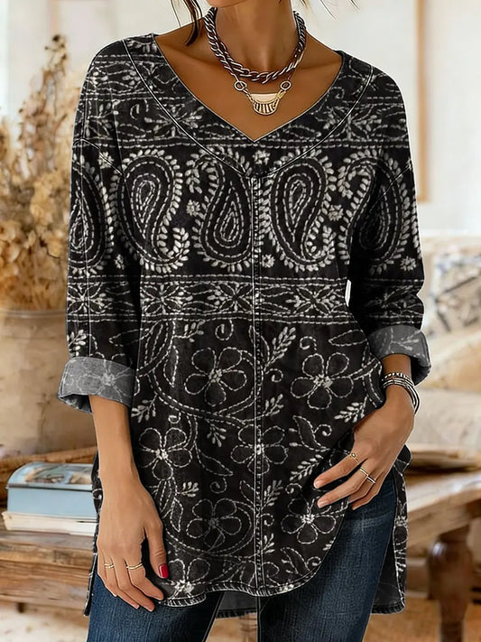 Women's Vintage Ethnic Paisley Floral Art Print Casual Washed Denim Cotton Top