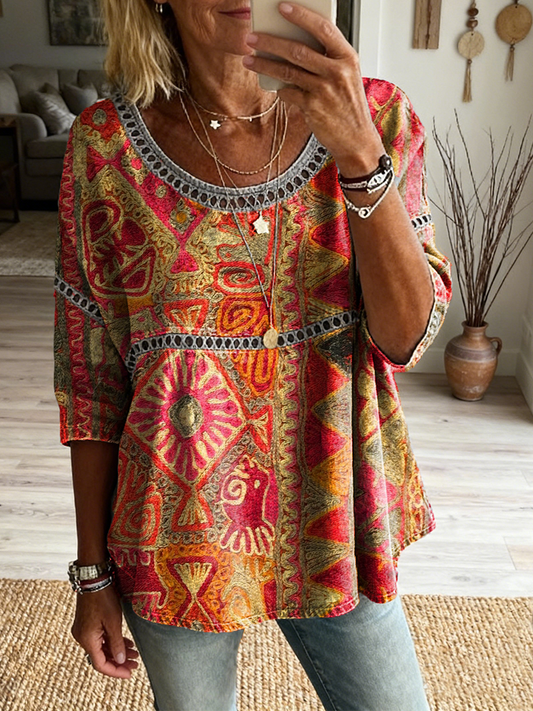Women's Retro Bohemian Art Print Casual Round Neck Shirt