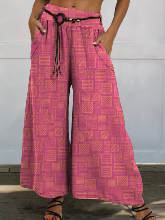 Simple Geometric Pattern Printed Women's Cotton And Linen Casual Wide-Leg Pants