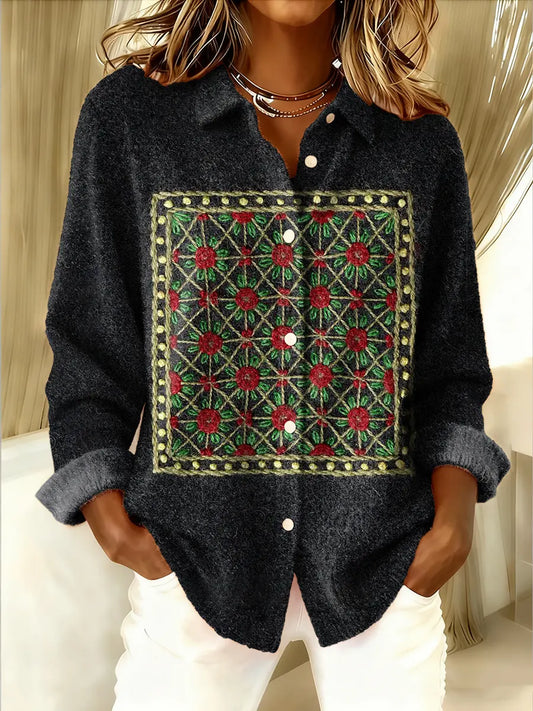 Women's Vintage Floral Art Print Turtleneck Sweater