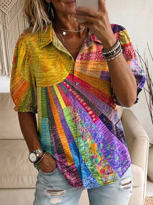 Ethnicity Sun Patchwork Geometry Women's Art Print Casual Short Sleeve Denim Cotton Shirt