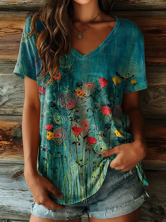 Women's Vintage Floral Art Print V-neck Casual T-shirt